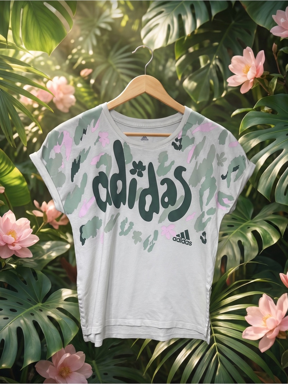 adidas White Tee with Green & Pink Camo Logo